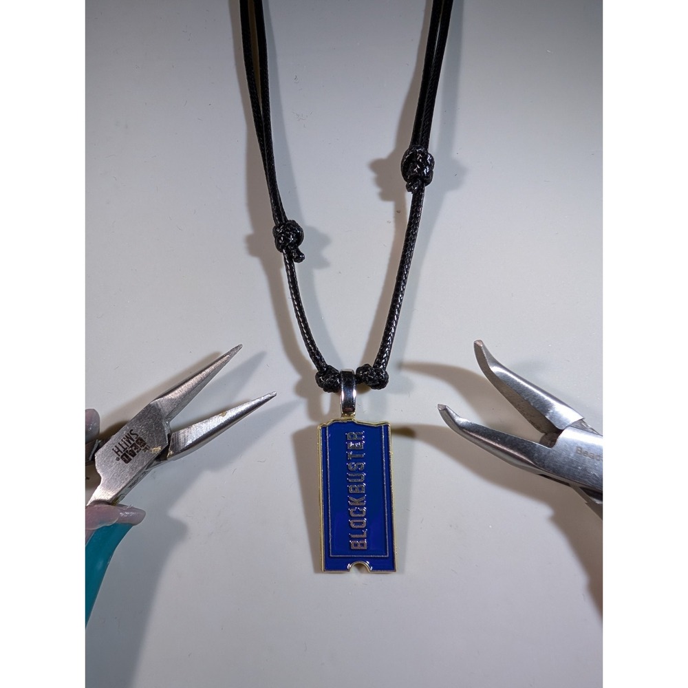 Blockbuster Video Repurposed Enamel Pin Necklace Retro‎ 90s Nostalgia Blue Gold